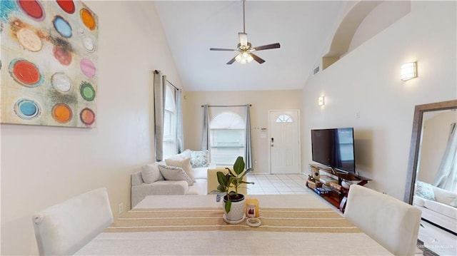 3810 W Sarah Evans St, Edinburg, TX 78541 - dining space with a ceiling fan, high vaulted ceiling, and visible vents