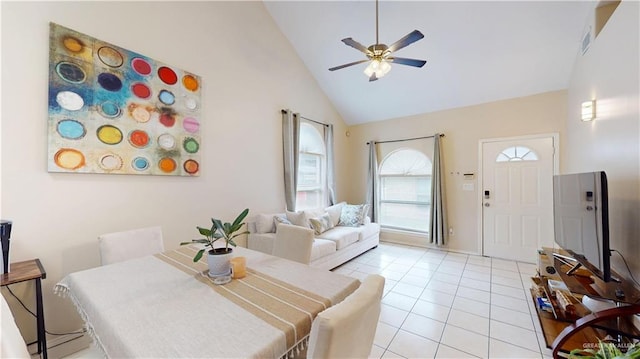 3810 W Sarah Evans St, Edinburg, TX 78541 - dining room with high vaulted ceiling, a ceiling fan, light tile patterned flooring, and visible vents