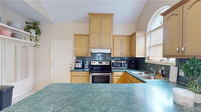 3810 W Sarah Evans St, Edinburg, TX 78541 - kitchen with decorative backsplash, light brown cabinetry, light tile patterned floors, under cabinet range hood, and stainless steel appliances