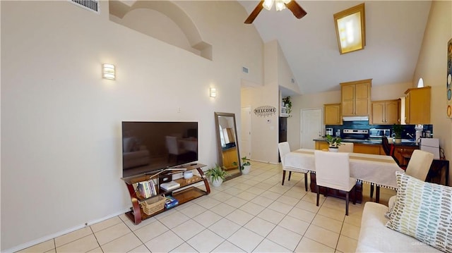 3810 W Sarah Evans St, Edinburg, TX 78541 - living area featuring high vaulted ceiling, a ceiling fan, light tile patterned flooring, and visible vents