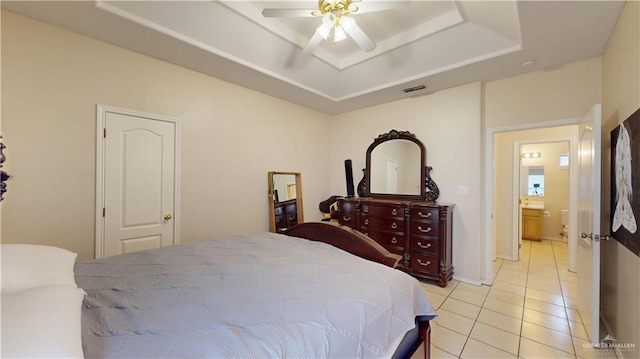 3810 W Sarah Evans St, Edinburg, TX 78541 - bedroom featuring visible vents, ceiling fan, light tile patterned floors, and a tray ceiling