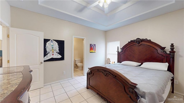 3810 W Sarah Evans St, Edinburg, TX 78541 - bedroom with ensuite bathroom, a raised ceiling, ceiling fan, and light tile patterned floors