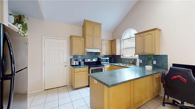 3810 W Sarah Evans St, Edinburg, TX 78541 - kitchen featuring backsplash, light brown cabinetry, appliances with stainless steel finishes, a peninsula, and under cabinet range hood