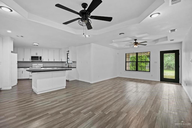 1315 Rio Guadalupe Cir, San Juan, TX 78589 - interior space with visible vents, wood finished floors, ceiling fan, and a tray ceiling