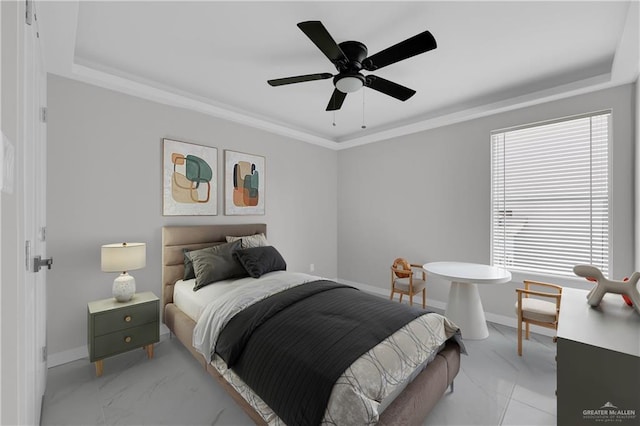 bedroom with crown molding and ceiling fan