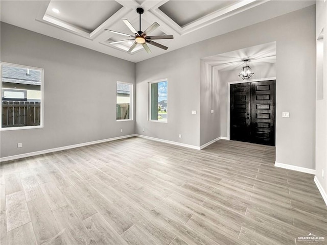 612 Yoli Ln, Donna, TX 78537 - empty room with coffered ceiling, a ceiling fan, light wood-type flooring, baseboards, and beam ceiling