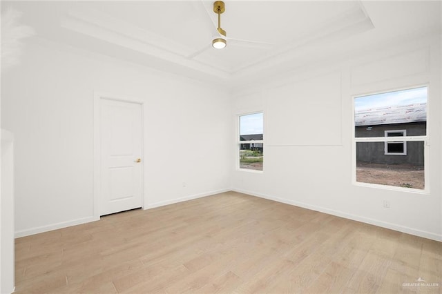 empty room featuring a raised ceiling and light wood-type flooring