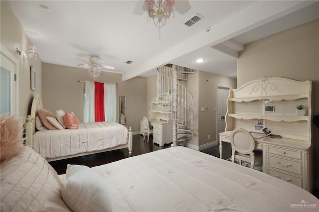 bedroom with ceiling fan and dark hardwood / wood-style floors