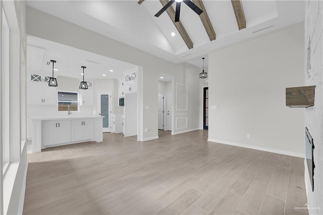 unfurnished living room featuring high vaulted ceiling, sink, ceiling fan, light hardwood / wood-style floors, and beam ceiling