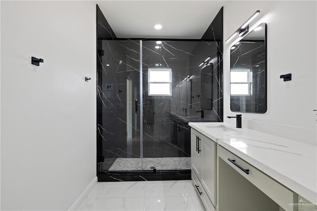 full bath featuring recessed lighting, vanity, baseboards, marble finish floor, and a marble finish shower