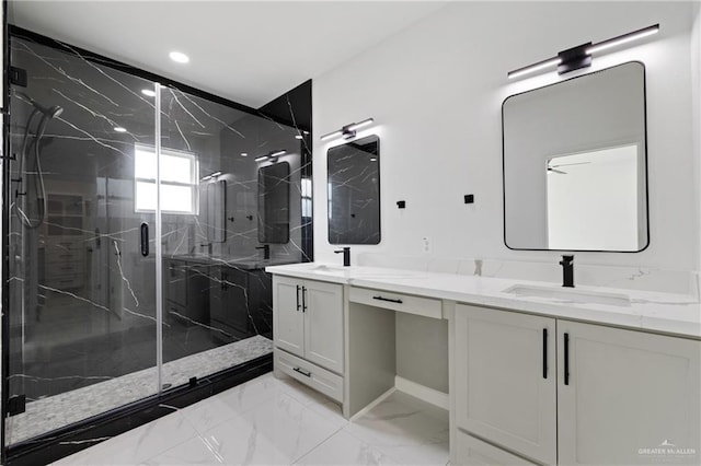 bathroom with marble finish floor, a marble finish shower, double vanity, recessed lighting, and a sink