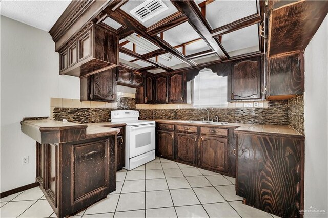 kitchen with dark brown cabinetry, sink, white electric range, tasteful backsplash, and light tile patterned flooring