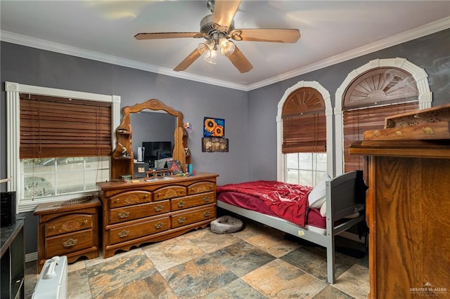 949 S Gumwood St, La Villa, TX 78562 - bedroom featuring ornamental molding, stone finish floor, and a ceiling fan