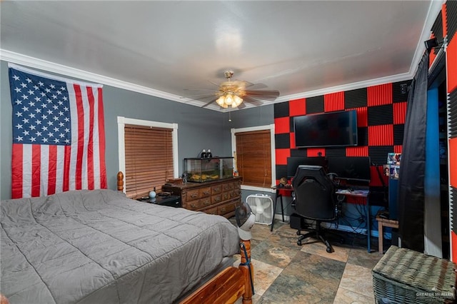 949 S Gumwood St, La Villa, TX 78562 - bedroom with wallpapered walls, stone finish flooring, ornamental molding, and ceiling fan