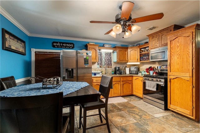 949 S Gumwood St, La Villa, TX 78562 - kitchen featuring stainless steel appliances, visible vents, ornamental molding, open shelves, and brown cabinetry