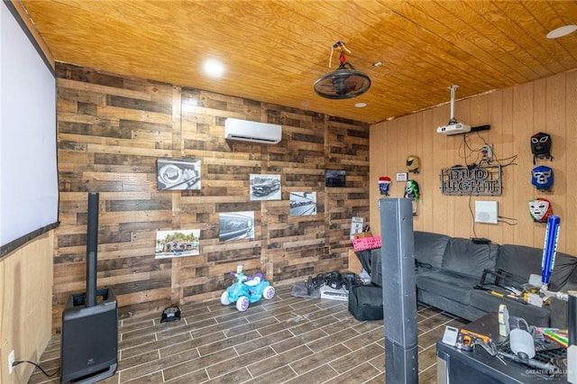 workout area with dark wood-style floors, wood ceiling, and an AC wall unit