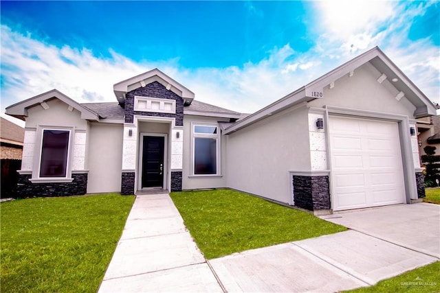 view of front of house featuring a garage, stone siding, stucco siding, and a front yard