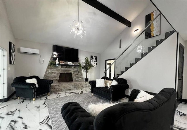 living room featuring a brick fireplace, beamed ceiling, high vaulted ceiling, a notable chandelier, and an AC wall unit