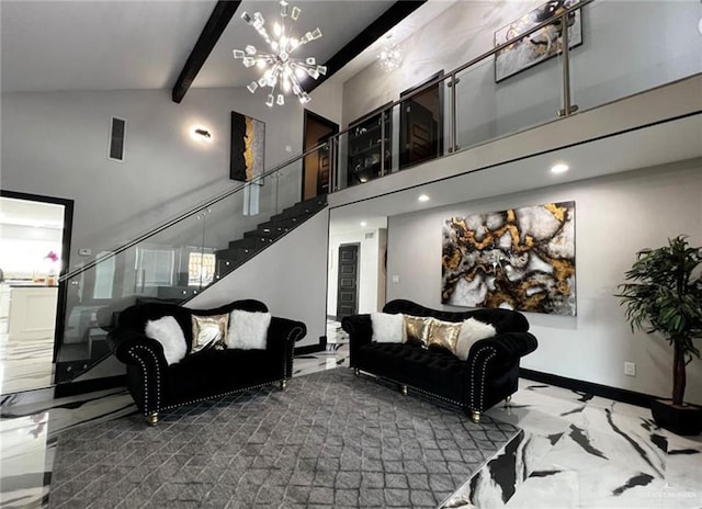 living room featuring beamed ceiling, high vaulted ceiling, and a chandelier