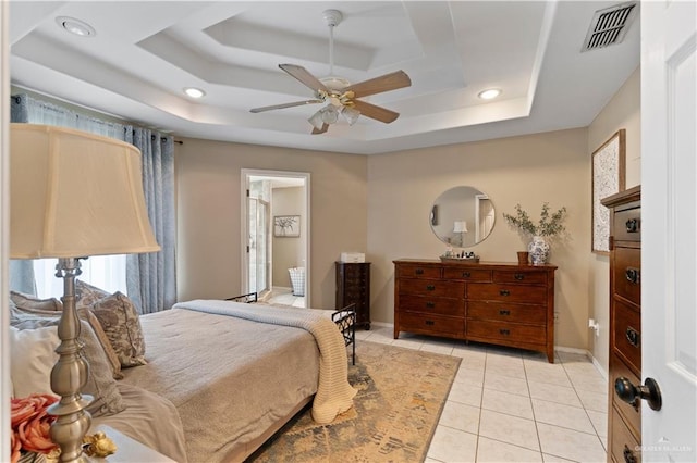 1602 Meadow Ln, Harlingen, TX 78550 - bedroom featuring a tray ceiling, light tile patterned flooring, baseboards, recessed lighting, and a ceiling fan