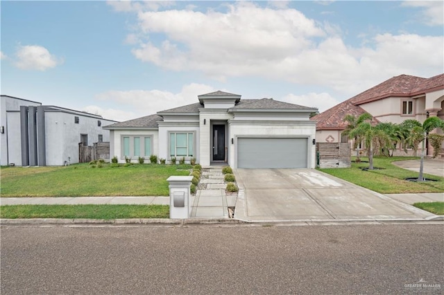 prairie-style house with a front yard, driveway, and an attached garage