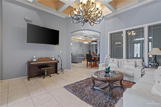 living area featuring coffered ceiling, arched walkways, an inviting chandelier, and crown molding