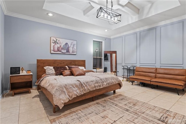 bedroom featuring recessed lighting, light tile patterned flooring, a decorative wall, and coffered ceiling