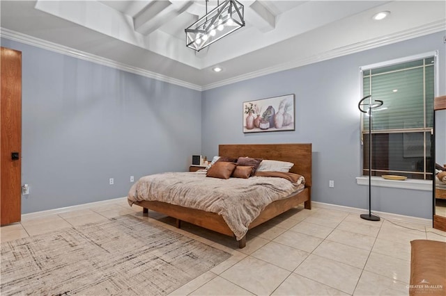 bedroom featuring recessed lighting, tile patterned flooring, baseboards, and crown molding