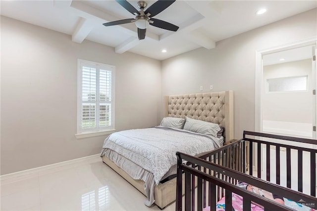 bedroom featuring beamed ceiling, ceiling fan, and light tile patterned floors