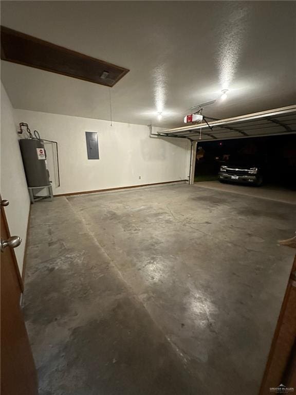 garage featuring electric water heater, electric panel, and a garage door opener