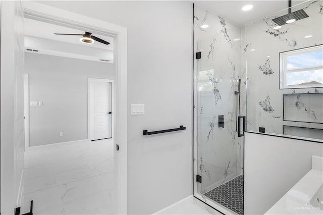 1326 S 9th St, Alamo, TX 78516 - bathroom with marble finish flooring, a marble finish shower, a ceiling fan, and baseboards