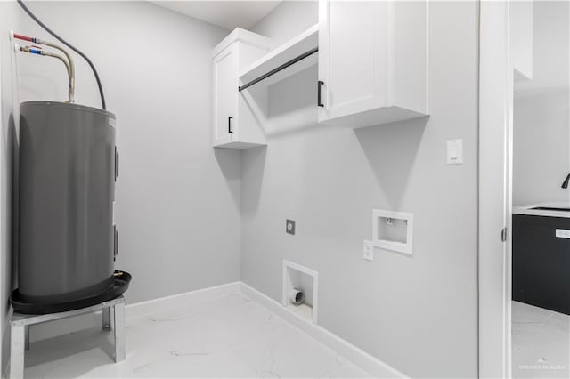 1326 S 9th St, Alamo, TX 78516 - clothes washing area with cabinet space, hookup for an electric dryer, light marble finish floors, water heater, and washer hookup