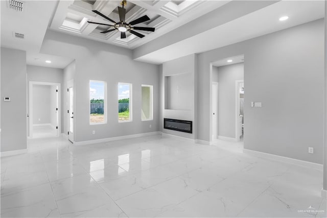 1326 S 9th St, Alamo, TX 78516 - unfurnished living room featuring recessed lighting, coffered ceiling, light marble finish floors, a ceiling fan, and baseboards