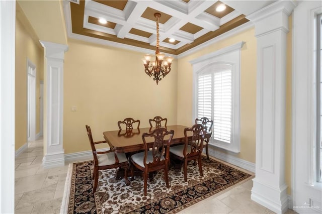 1630 E California Rd, Los Fresnos, TX 78566 - dining space with decorative columns, crown molding, beam ceiling, and coffered ceiling
