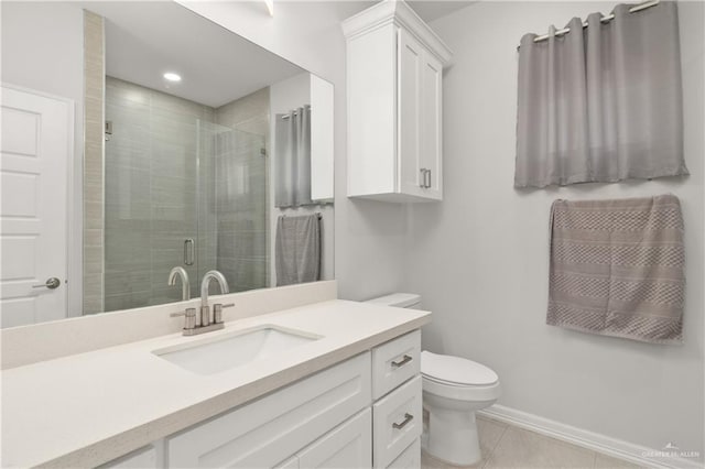 full bathroom featuring a shower stall, vanity, baseboards, tile patterned floors, and toilet