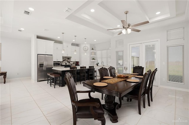 dining room with recessed lighting, ceiling fan, and visible vents