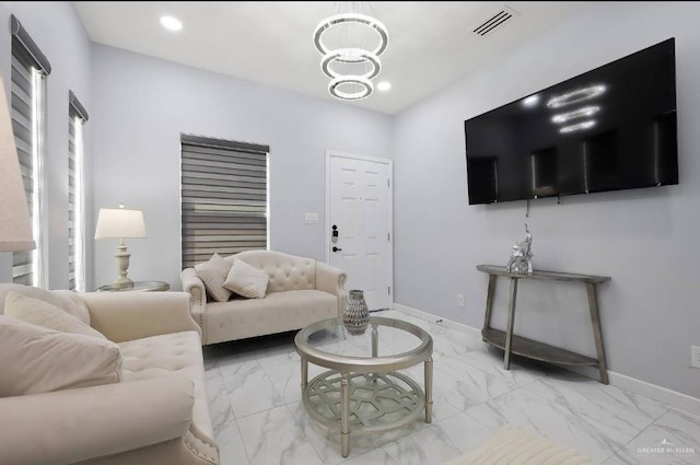 living room featuring recessed lighting, marble finish floor, visible vents, and baseboards