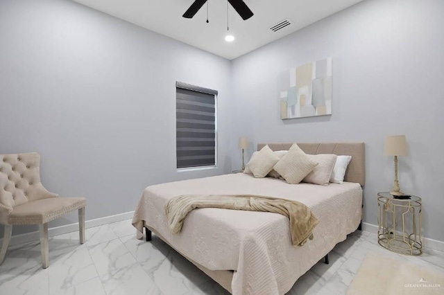 bedroom featuring marble finish floor, visible vents, baseboards, and recessed lighting