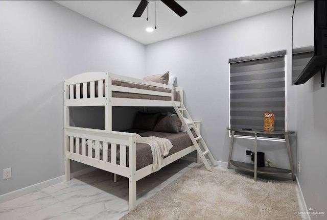 bedroom with marble finish floor, recessed lighting, a ceiling fan, and baseboards