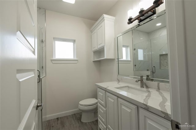 bathroom featuring toilet, vanity, wood-type flooring, and walk in shower