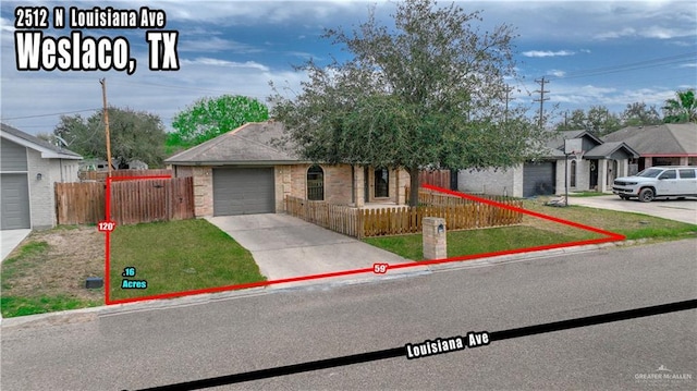 ranch-style home featuring fence, an attached garage, concrete driveway, a front lawn, and brick siding