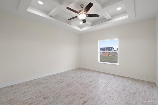 9817 Heights, Harlingen, TX 78552 - unfurnished room featuring coffered ceiling, a ceiling fan, light wood-style floors, recessed lighting, and beamed ceiling
