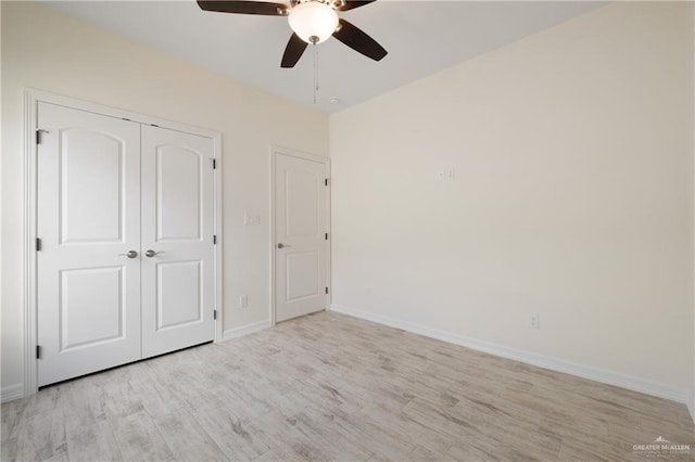 9817 Heights, Harlingen, TX 78552 - unfurnished bedroom with light wood-style flooring, a closet, baseboards, and a ceiling fan