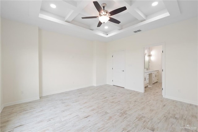 9817 Heights, Harlingen, TX 78552 - empty room with coffered ceiling, light wood-type flooring, a ceiling fan, recessed lighting, and beamed ceiling