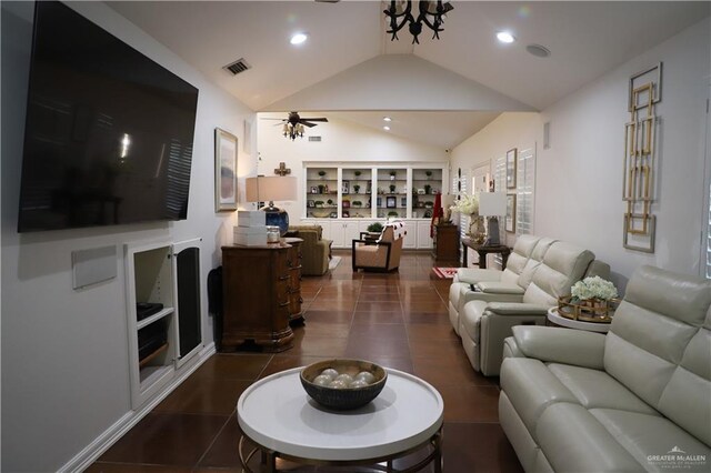 12431 Ware Rd, Edinburg, TX 78541 - tiled living area with vaulted ceiling, recessed lighting, visible vents, and ceiling fan