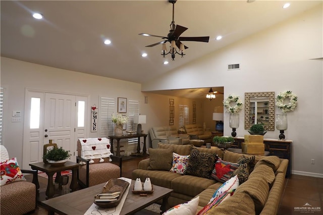 12431 Ware Rd, Edinburg, TX 78541 - living area featuring recessed lighting, visible vents, dark wood finished floors, and a ceiling fan