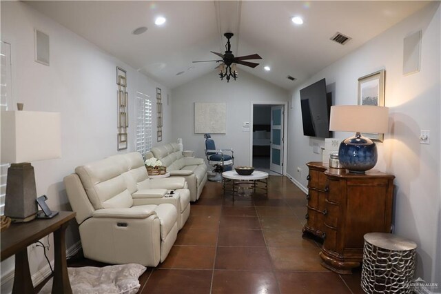 12431 Ware Rd, Edinburg, TX 78541 - living area with visible vents, ceiling fan, lofted ceiling, recessed lighting, and dark tile patterned flooring