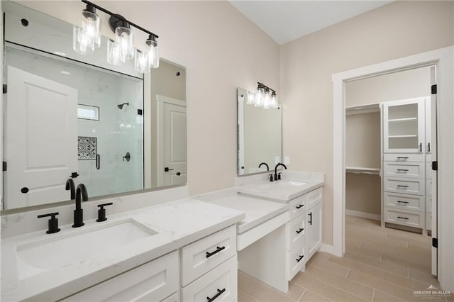 bathroom featuring vanity and a shower with shower door