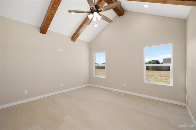 spare room featuring high vaulted ceiling, beam ceiling, a wealth of natural light, and light hardwood / wood-style flooring