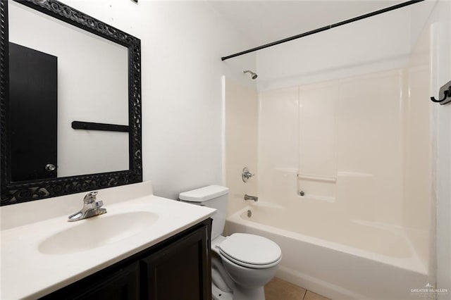 full bathroom with shower / bathtub combination, vanity, toilet, and tile patterned flooring